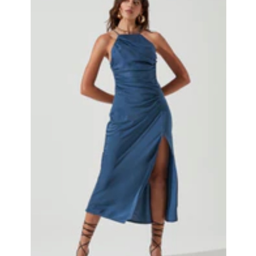 ASTR  Front Slit Halter Satin Midi Dress STEEL BLUE